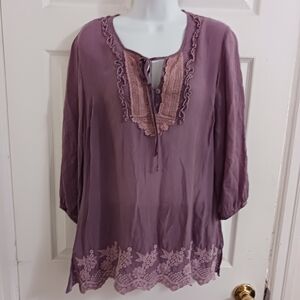Johnny Was Top Blouse Purple Floral Ruffle Small